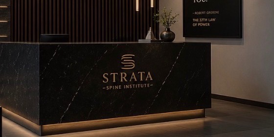 Black marble reception desk with the gold Strata logo